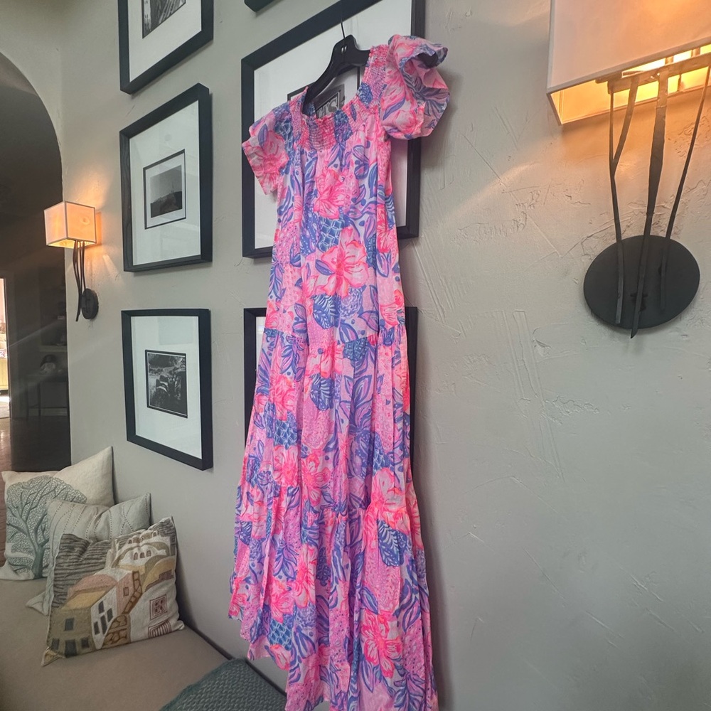 Lilly Pulitzer Pink and Blue Ruffled Maxi Dress